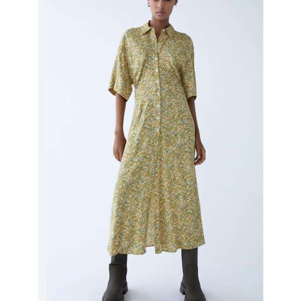 ZARA Yellow Floral Printed Vintage Inspired Maxi Midi Shirt Dress Small NWT Boho